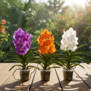Vanda Orchid Plant Pack of 3 — featuring vibrant purple, tropical orange, and pure white blooms.