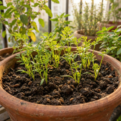 Carrot seedlings growing in pot