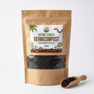 Vermicompost 1 KG pack, natural organic fertilizer, clean packaging, white background